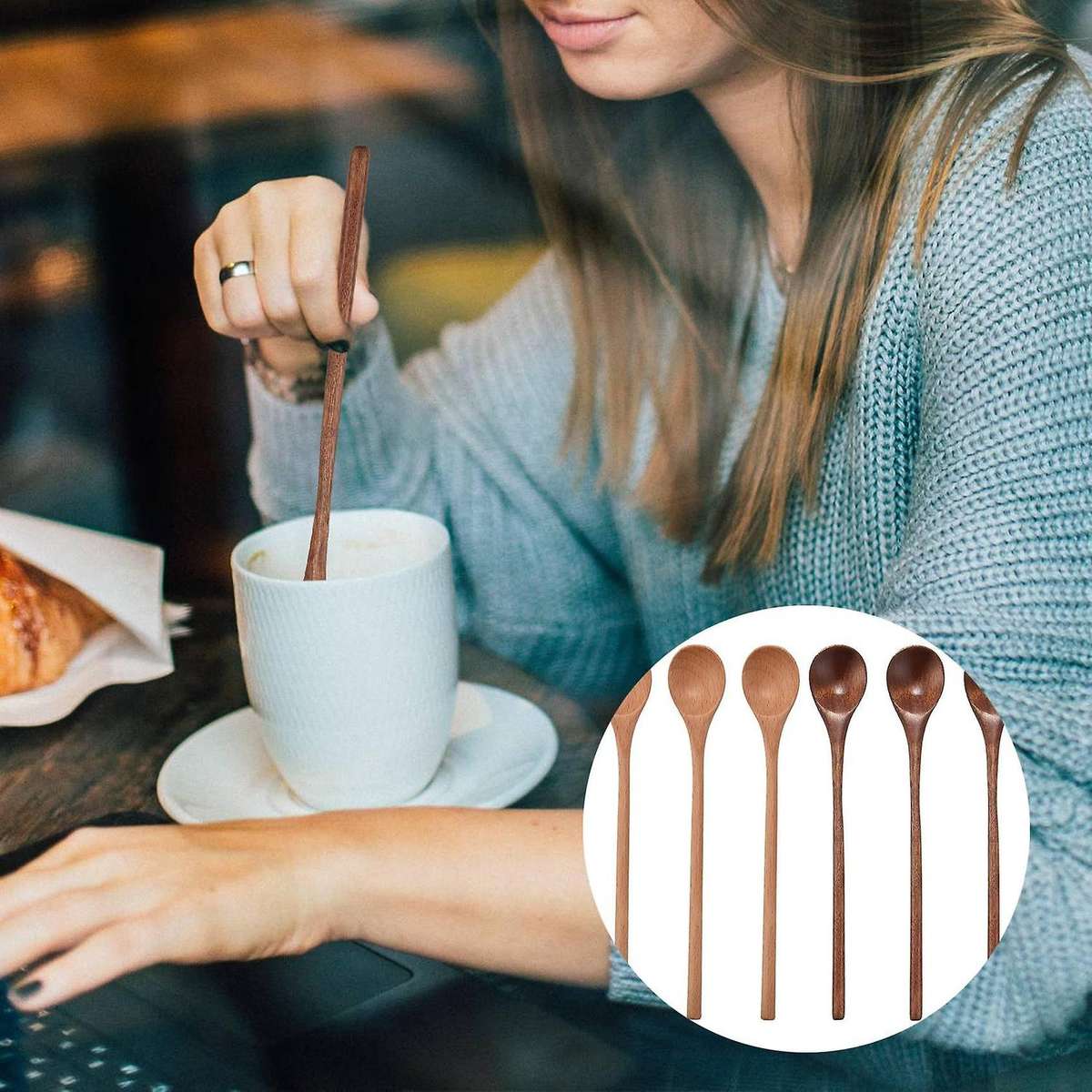 6 Pcs Wooden Spoon,Long Handle Wood Spoons Mixing Stirring Soup Coffee Iced Tea Spoon Used for Kitch