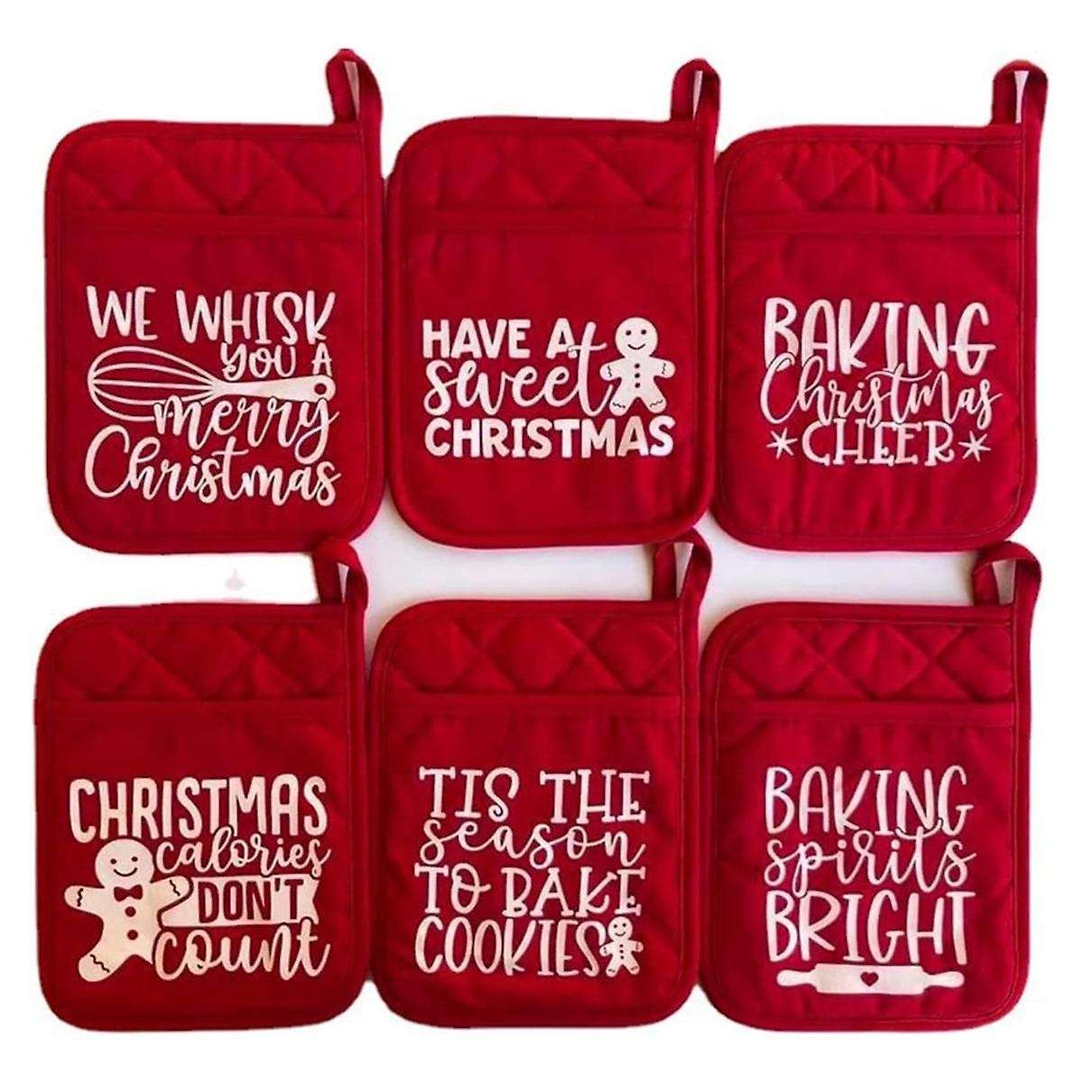 6Pcs Christmas Pot Rack Baking Kit, Christmas Oven Ornament Printed Oven Gloves, Kitchen Cooking Bak