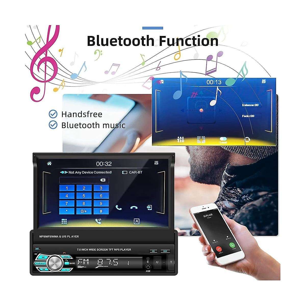 7 Inch Manual Flip Car Stereo,carplay Android Auto,single Din Hd Touchscreen Radio,fm Bluetooth Mir