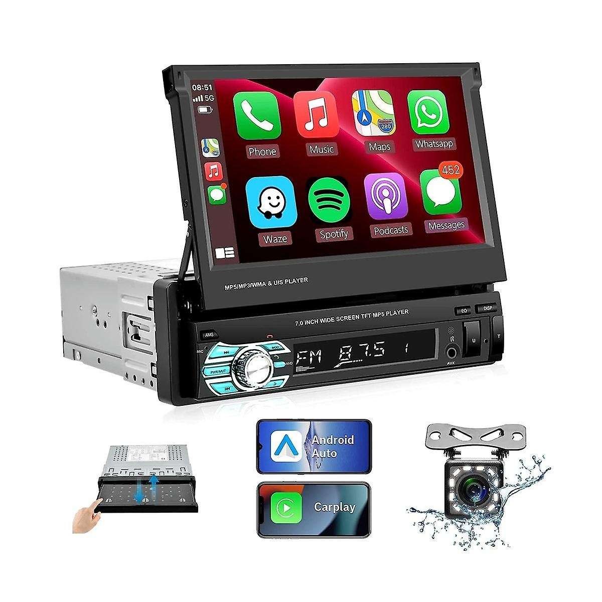 7 Inch Manual Flip Car Stereo,carplay Android Auto,single Din Hd Touchscreen Radio,fm Bluetooth Mir