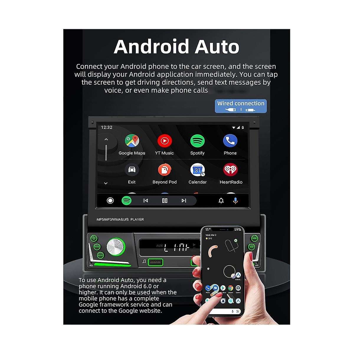 7inch Car Manual Telescopic Screen Wired Carplay Android Auto Car Portable Radio Bluetooth Mp5 Fm R