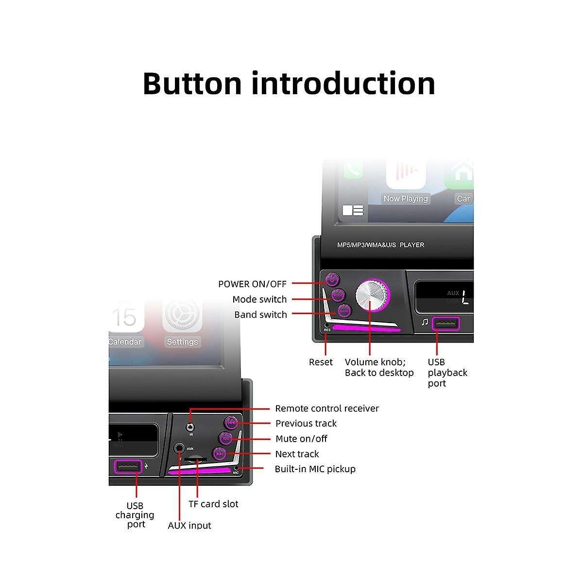 7inch Car Manual Telescopic Screen Wired Carplay Android Auto Car Portable Radio Bluetooth Mp5 Fm R