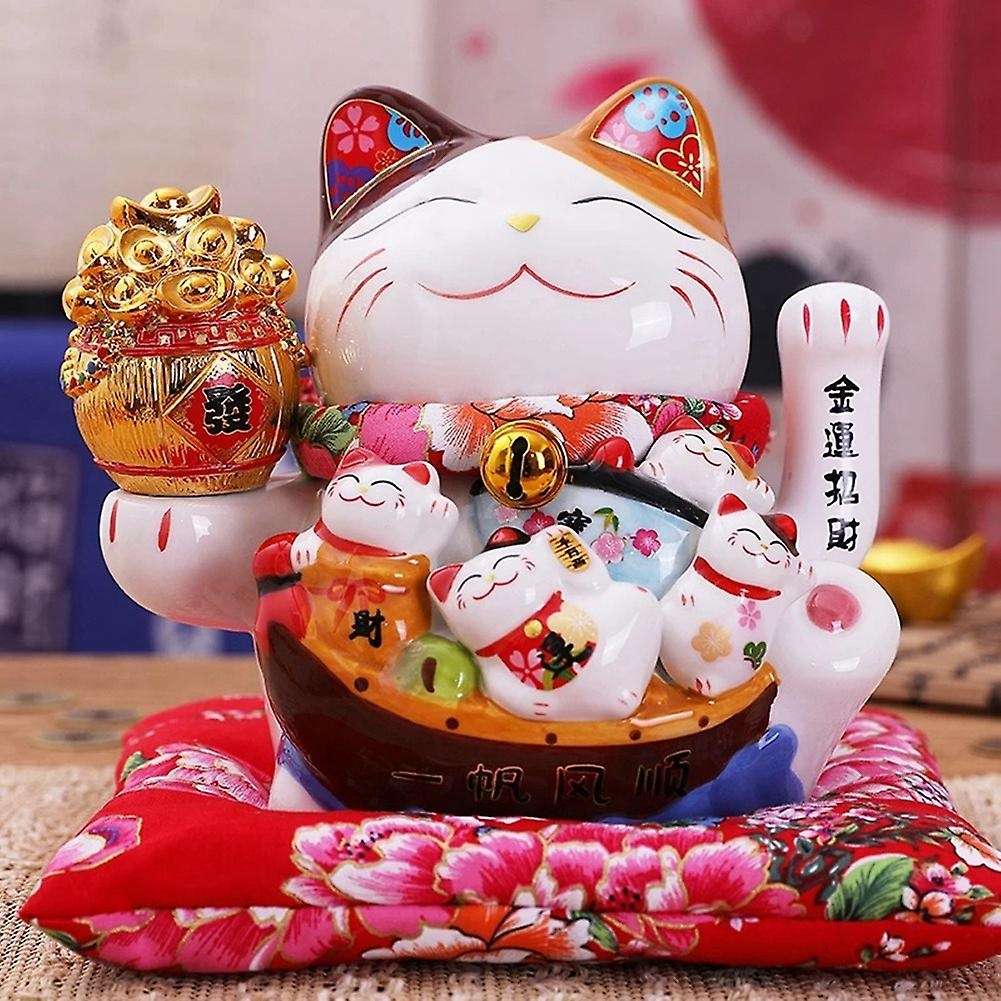 7Inch Ceramic Beckoning Maneki Neko Ornament Feng Shui Decoration Swing ,A