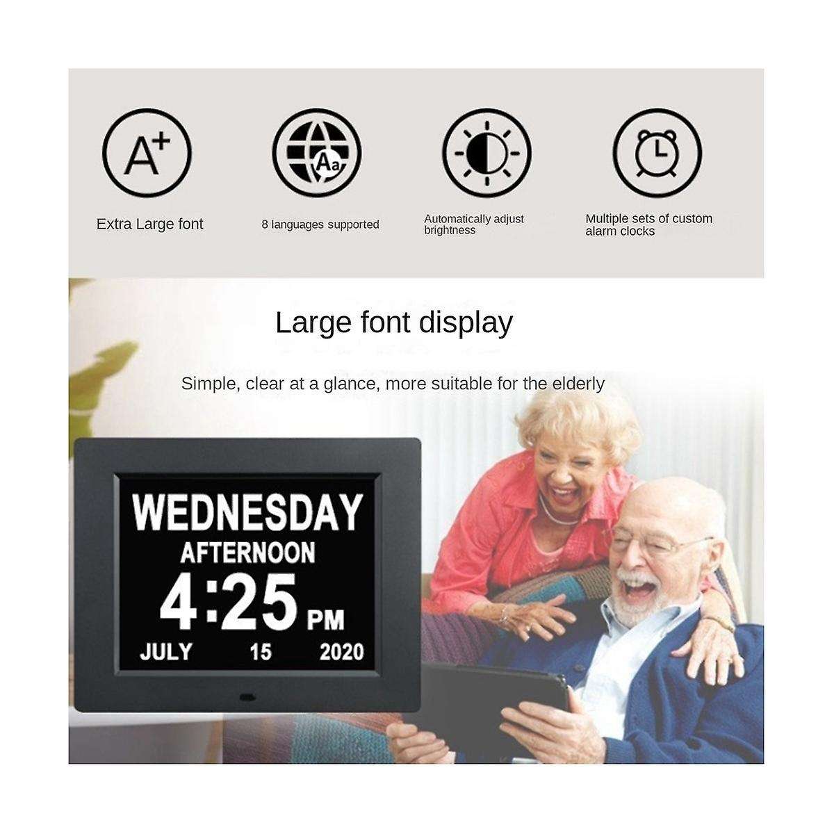 8 Inch Alarm -dementia Clock with Custom Reminders&remote Control Clock with Date Helps Memory Loss