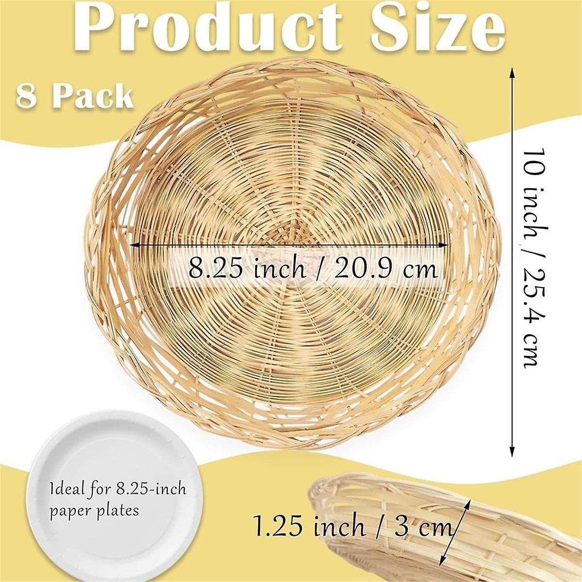 8 Pack Bamboo Paper Plate Holders, 10 Inches Reusable for Dinner Plates Hand Woven Wicker Paper Plat