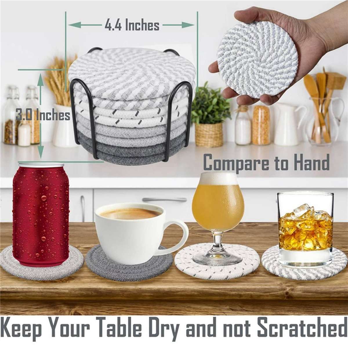 8 Pcs Drink Coasters with Holder, 4 Colors Absorbent Coasters for Drinks, Minimalist Cotton Woven C