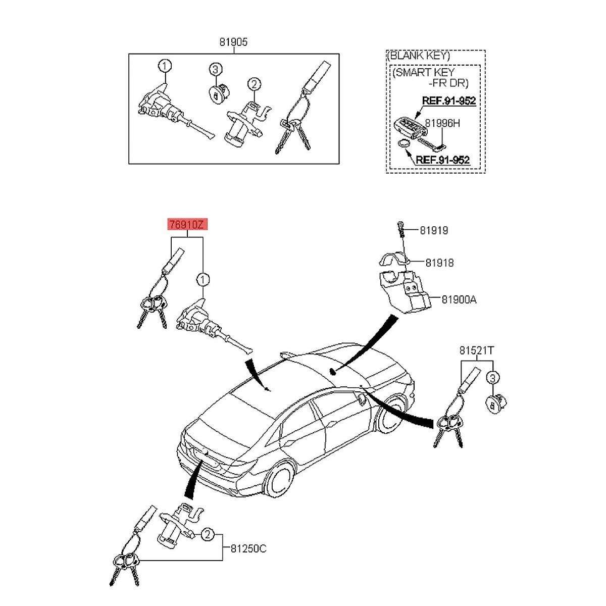 81970-3SA00 Front Door Lock Cylinder W/2 Keys for 2009-2014 Secondary Key Assembly Left Driver Side