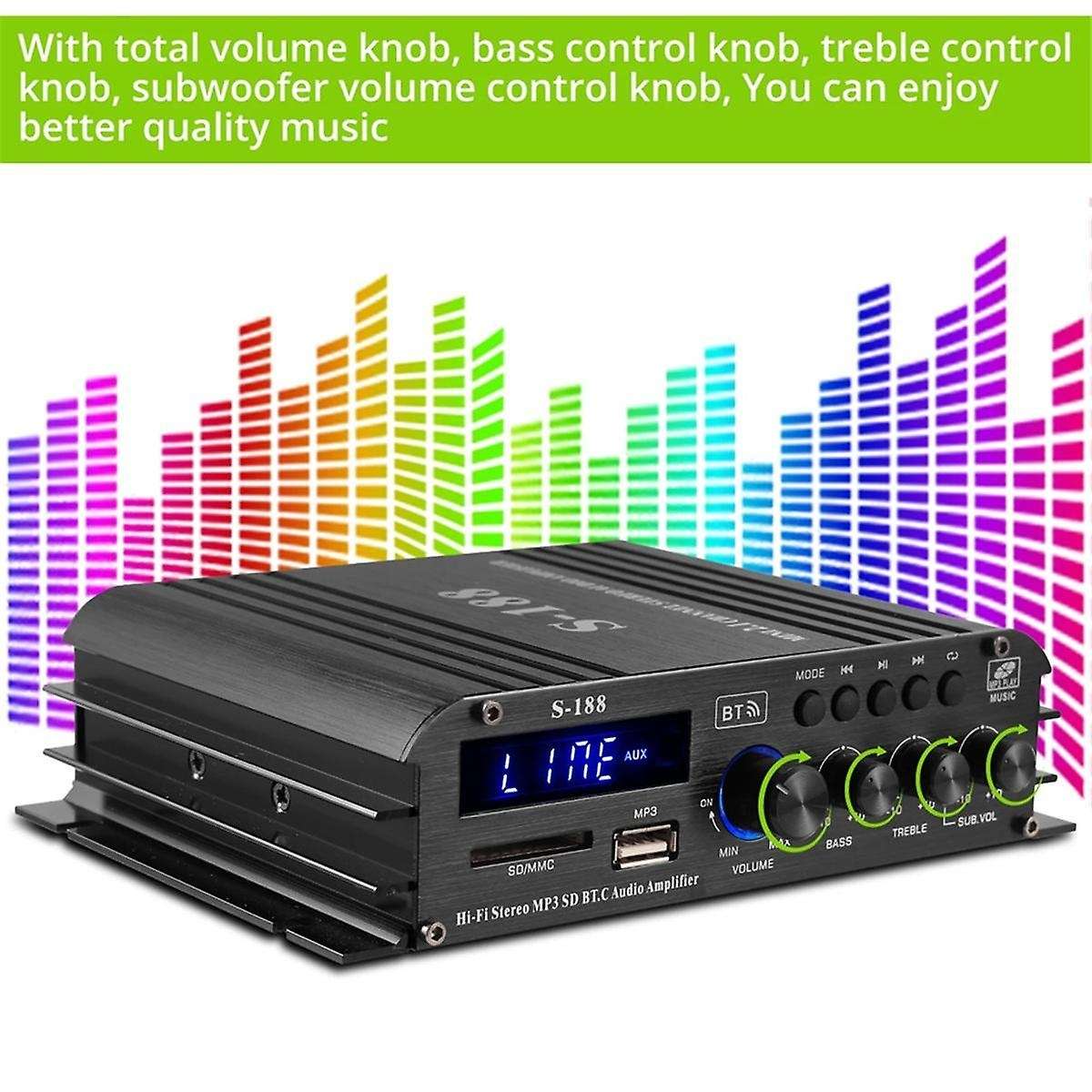 90w S-188 Bluetooth Stereo Hifi Amplifier 2.1 Ch Audio Power Amplifier Bass Treble Control Music Pla
