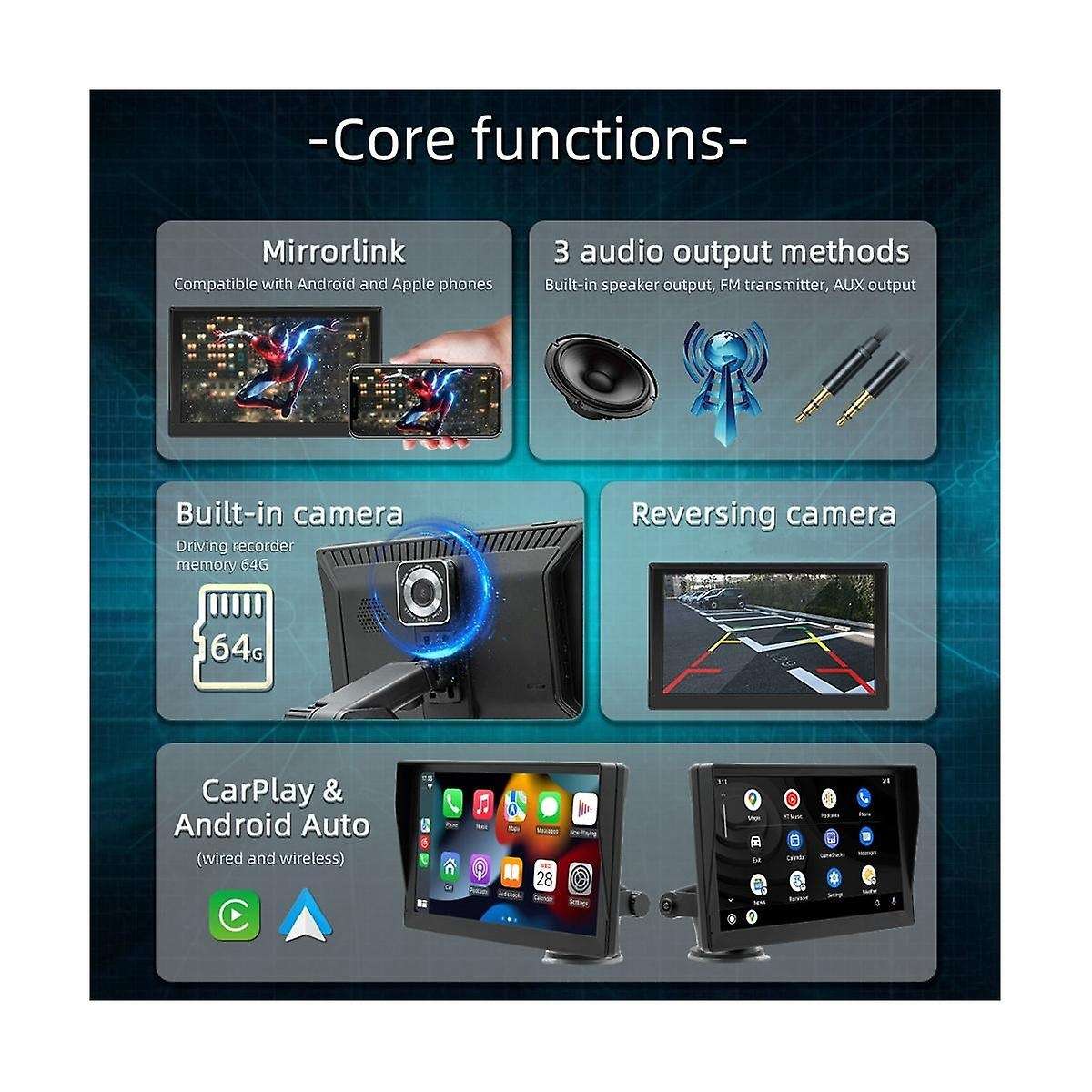 9inch Car Radio with Dashcam, Dash Mount Carplay & Android Auto, Car Stereo Bluetooth, Mirror Link,
