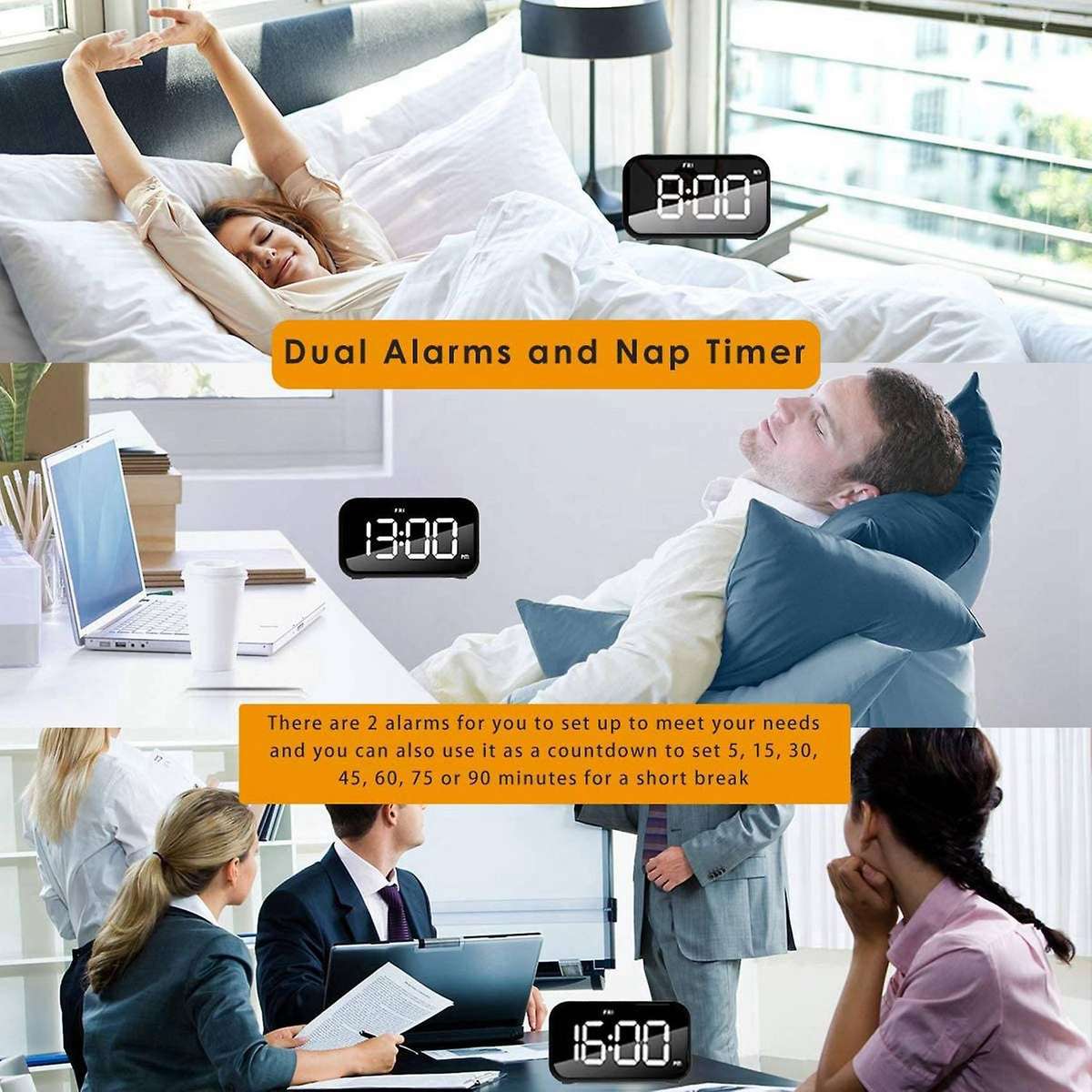 Alarm Clock, Digital Clock with Snooze, Nap Timer and USB Charging with Dual Alarms for Bedroom,Beds