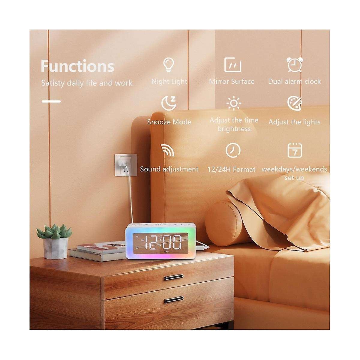 Alarm Clocks for Bedrooms Mirror Clock with 8 Rgb Atmosphere Light Dual Alarms 3 Alarm Modes Snooze