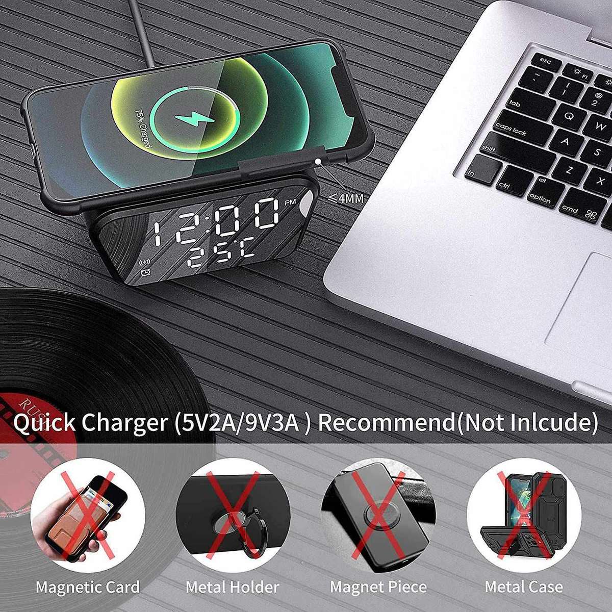 Alarm Clock with Wireless Charging - Alarm Clocks Bedside Mains Powered, 3 Alarms,LED Display with T