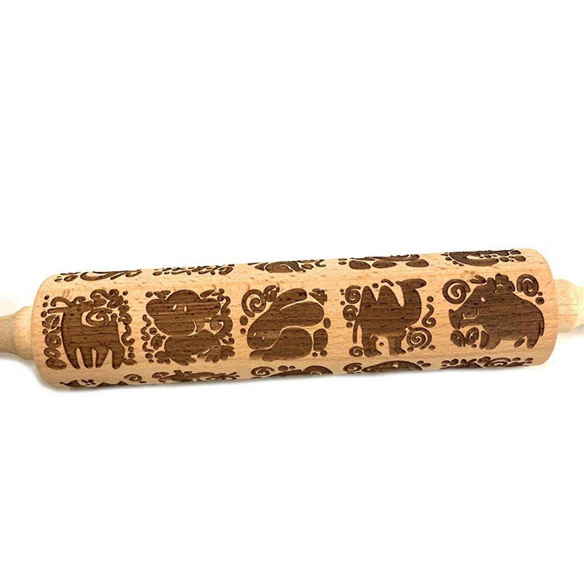 Animal Print Embossed Rolling Pin Cookie Rolling Pin, Large Wood Textured Roller for Baking