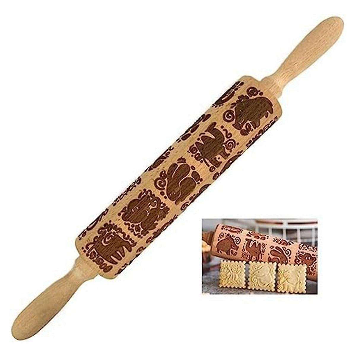 Animal Print Embossed Rolling Pin Cookie Rolling Pin, Large Wood Textured Roller for Baking