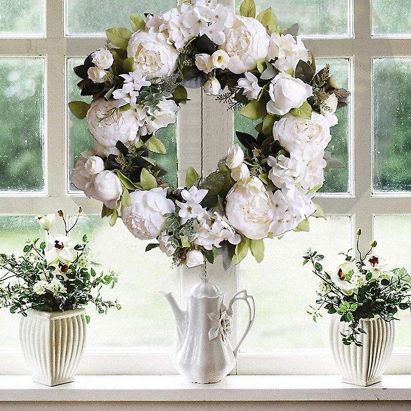 Artificial Garlands Front Door Wreaths, Artificial White Hanging Wreath for Home Party Indoor Outdo