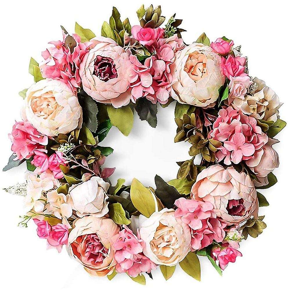 Artificial Peony Flower Wreath - 18 Inch Pink Flower Door Wreath Spring Summer Fall Winter Wreath wi