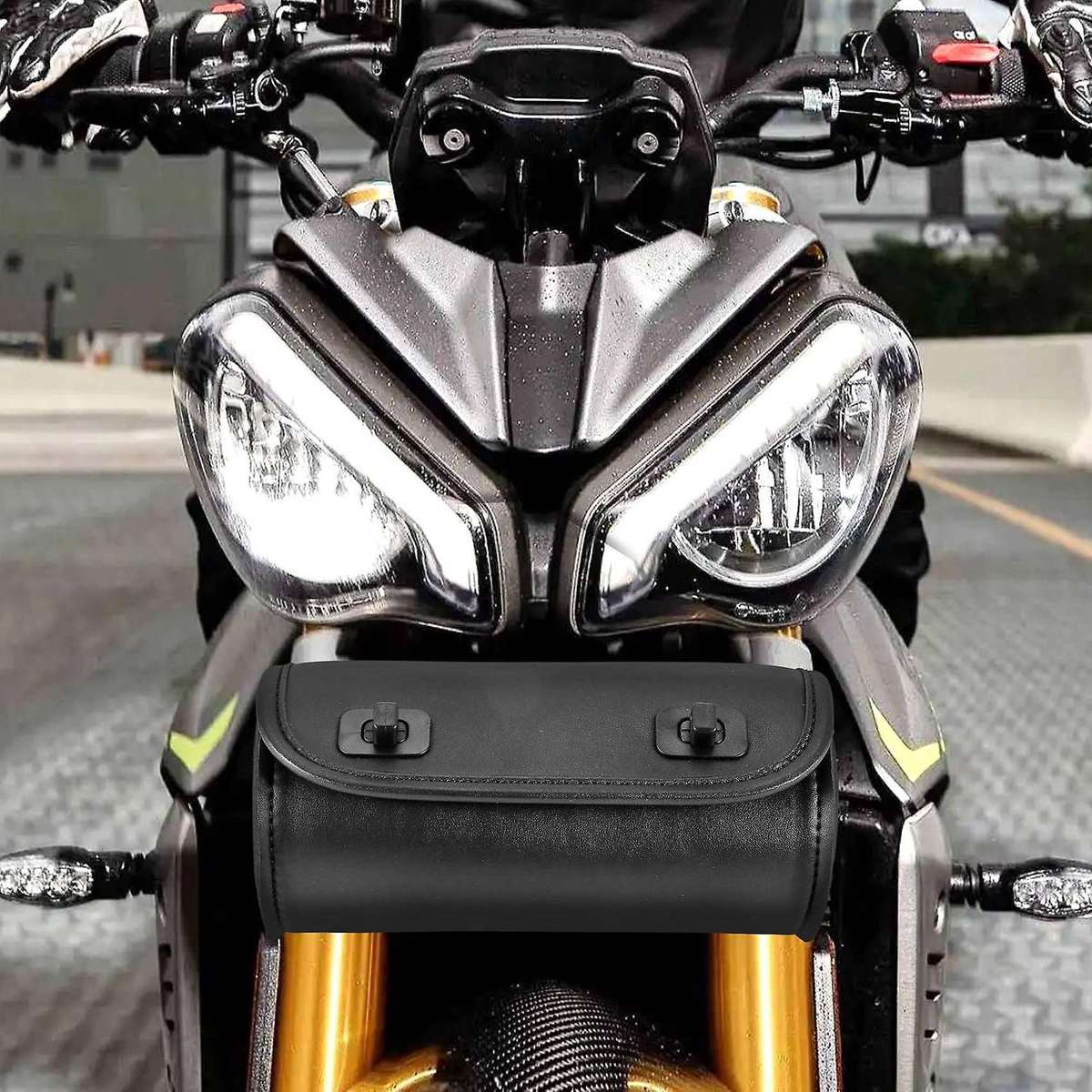 Motorcycle Fork Bag PU Leather Handlebar Tool Pouch Sissy Bar Roll Storage Bag Saddle Bag with 2 Str