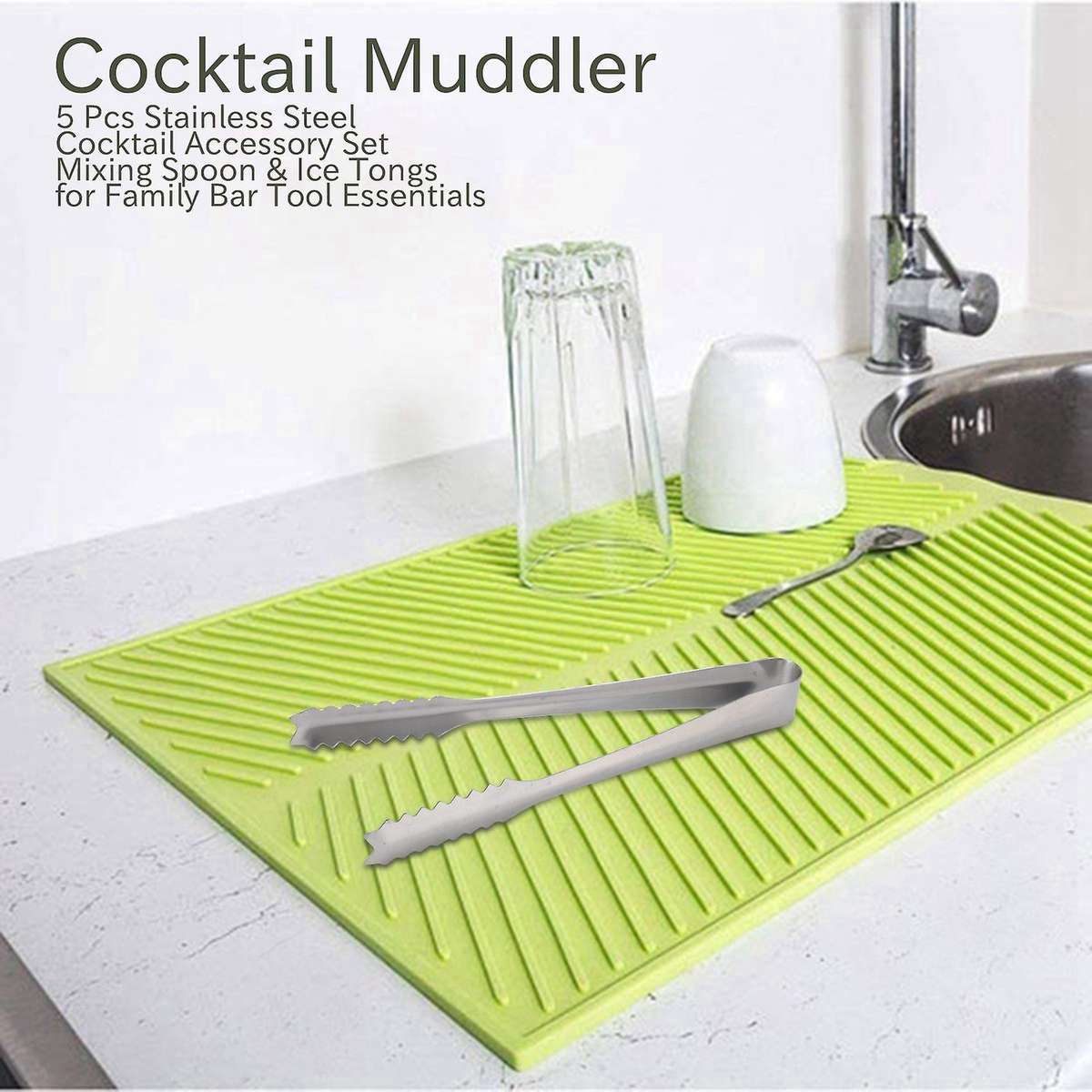 Muddler,5 Pcs Stainless Steel Accessory Set Mixing Spoon & Ice Tongs for Family Bar Tool Essential