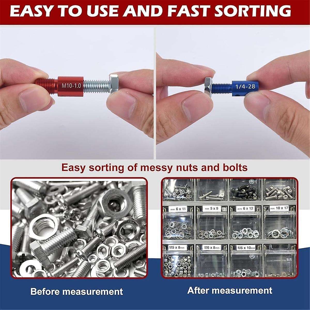 Nut and Bolt - 26pcs(14 Inch & 12 Metric) Identifier Gauge Set Bolt Sizing Gauges