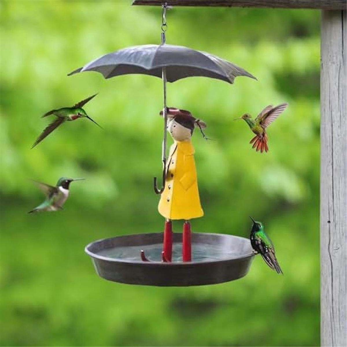 Outdoor Hanging Bird Feeder Set with Metal Chain and Umbrella Girl Shape, Feeder with Brush