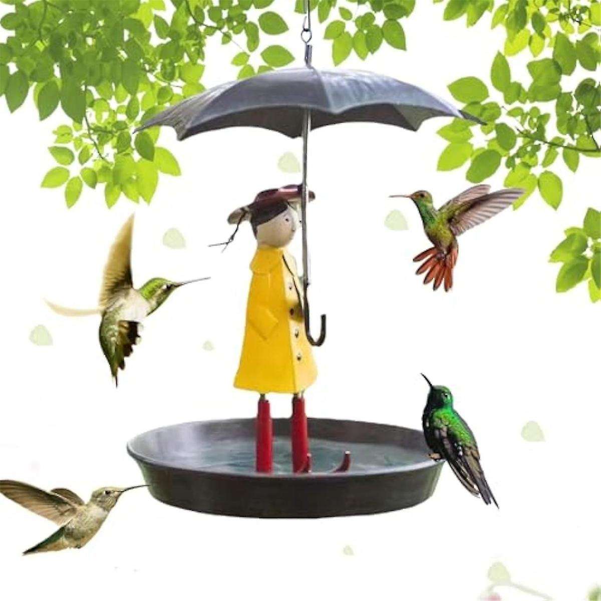 Outdoor Hanging Bird Feeder Set with Metal Chain and Umbrella Girl Shape, Feeder with Brush