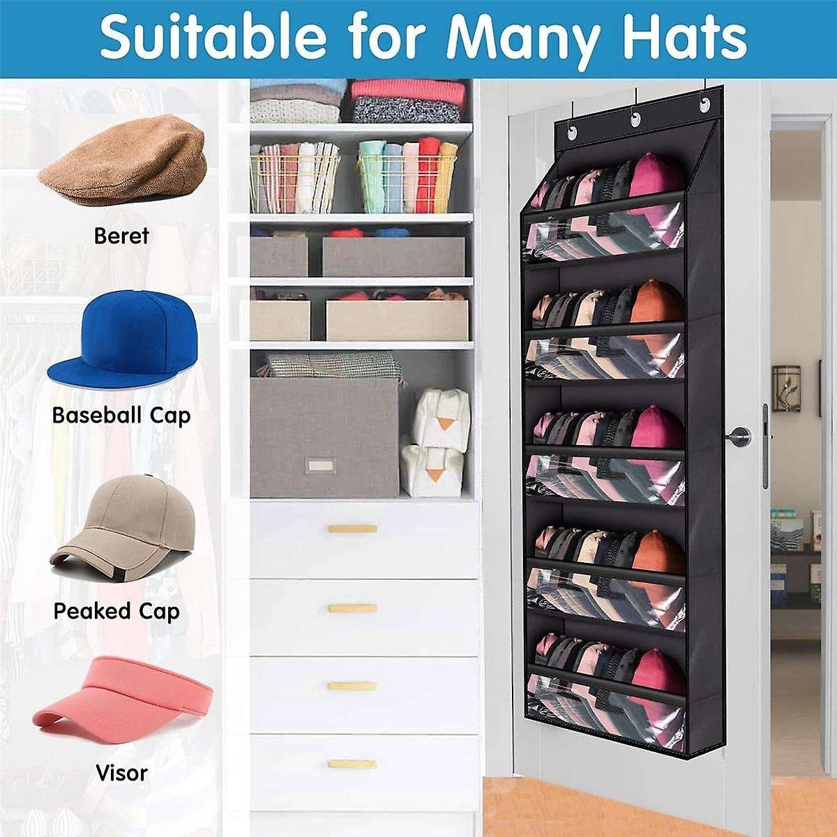 Over Door Hat Racks for Baseball Caps, Clear Deep Pockets Hat Organizer for Closet Or Wall with 3 Ho
