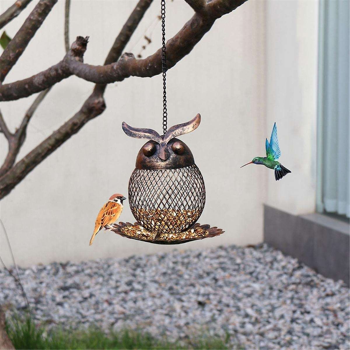 Owl Bird Feeder Hanging Iron Wild Bird Feeder Parrot Parakeet Accessories Backyard Garden Decoratio