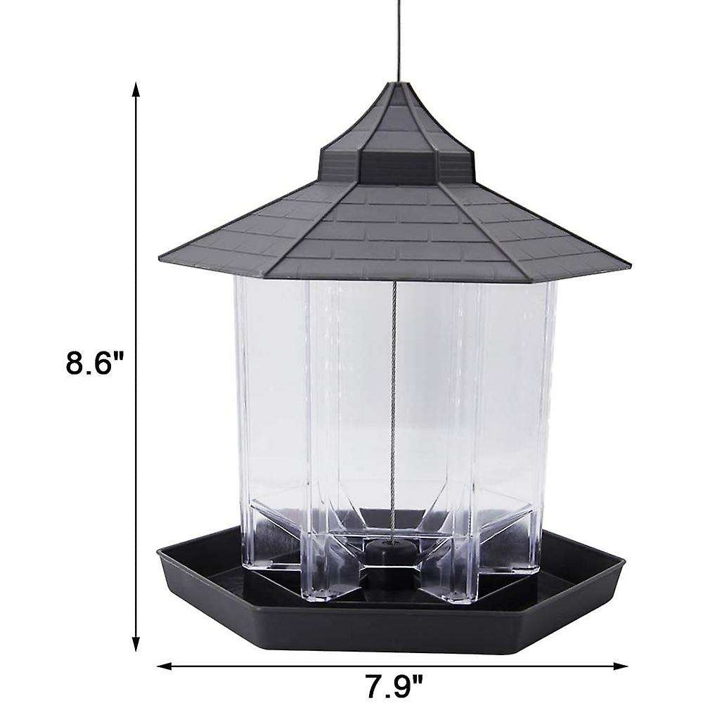 Panorama Bird Feeder, Hexagon Shaped with Roof Hanging Bird Feeder for Garden Yard Decoration (Grey