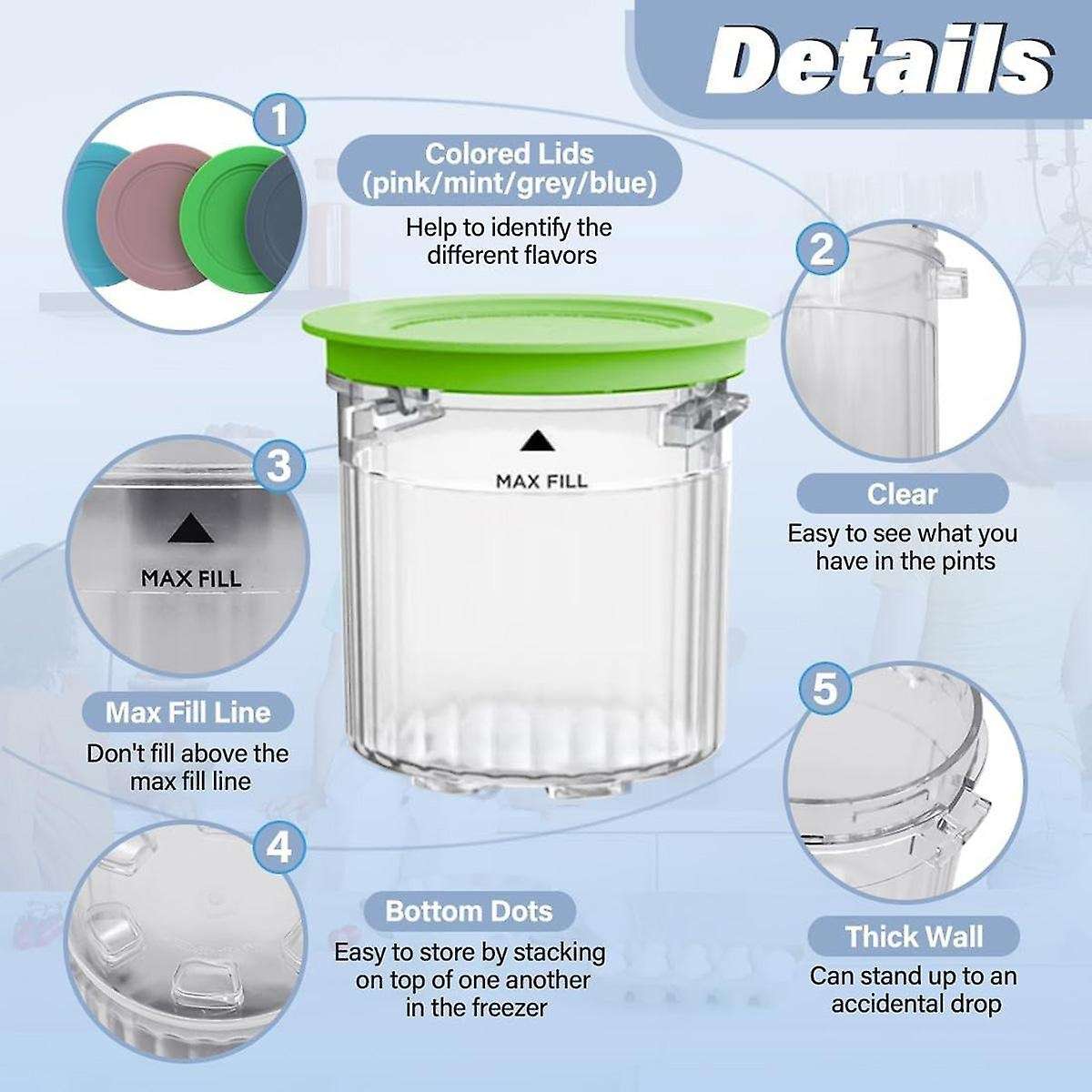 Pint Containers and Lids Replacement Compatible for Ninja Creami Breeze Nc100/nc200 Series Ice Cream