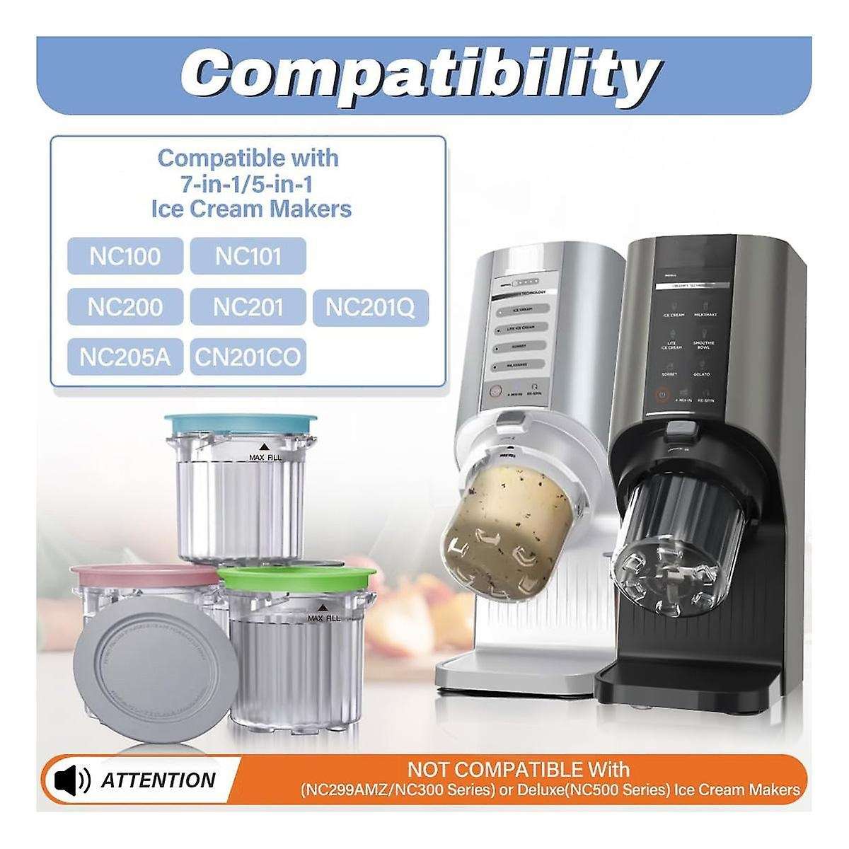 Pint Containers and Lids Replacement Compatible for Ninja Creami Breeze Nc100/nc200 Series Ice Cream