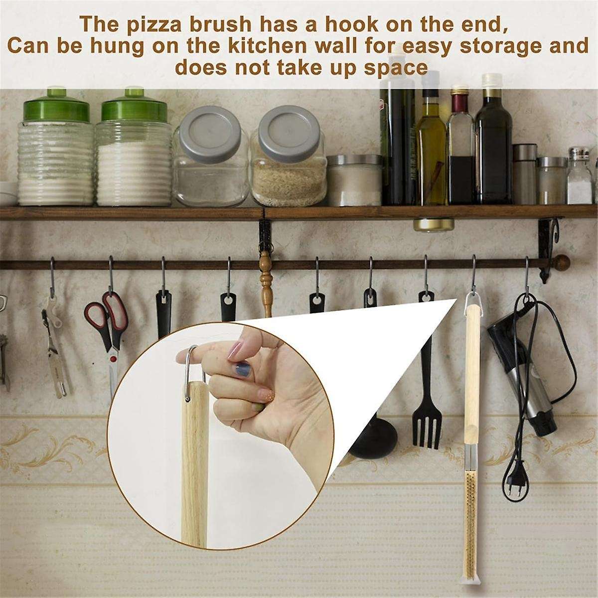 Pizza Oven Brush with Wooden Handle, Long Handle Pizza Brush and Removable Baking Hand Clip Set