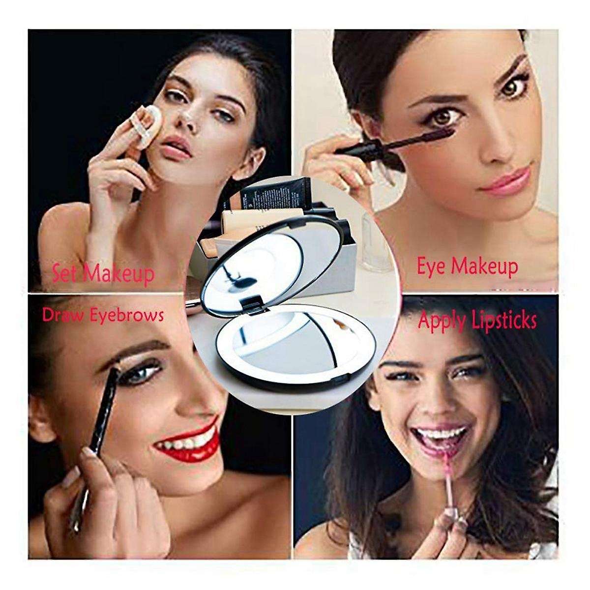 Portable Folding Mirror with Led Light , 10x Magnifying Glass, 12 Lamp Bead Mini Mirror Black