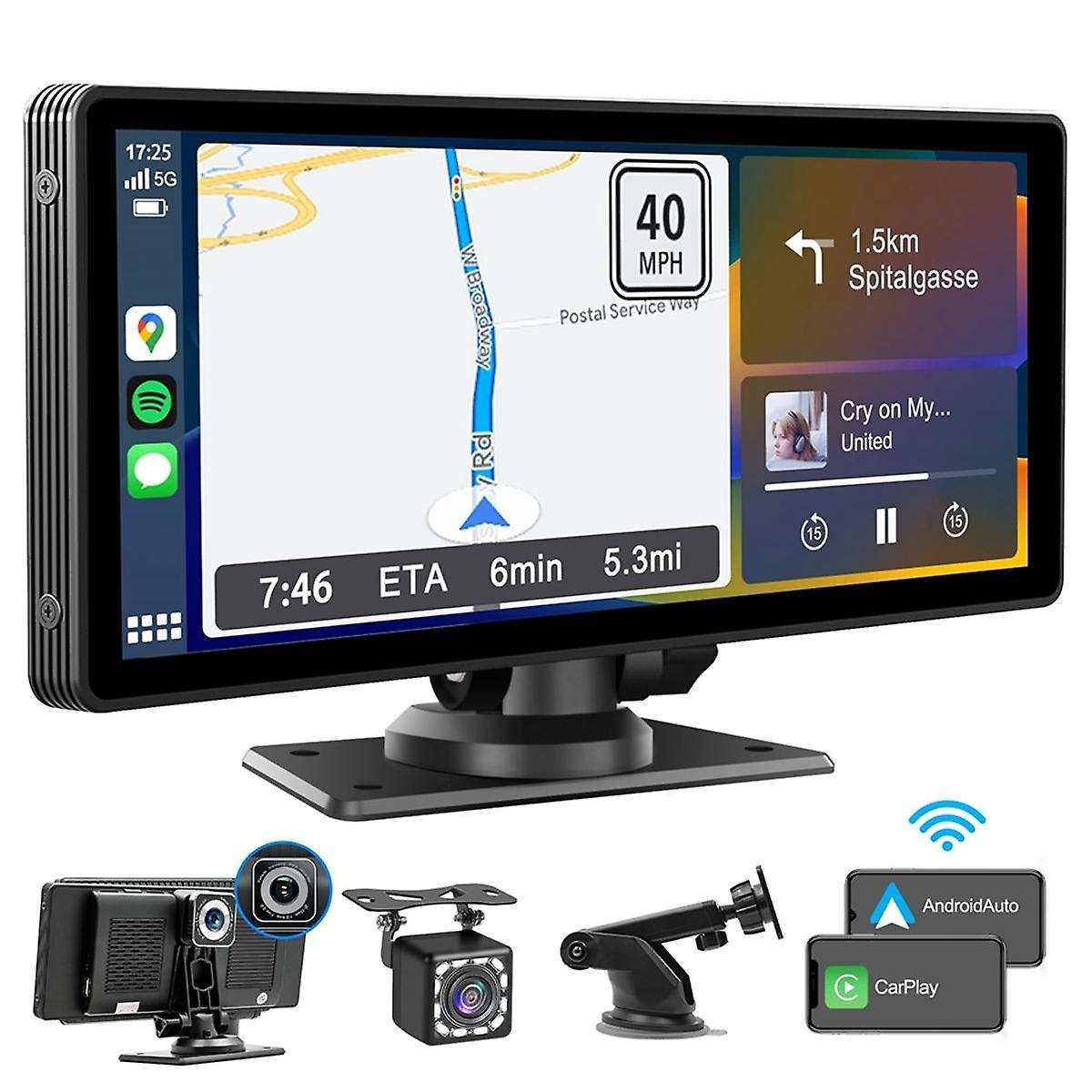 Portable Wireless Carplay Car Stereo with Dash Cam - 10.26In HD IPS Screen, Android Auto, 1080P Back