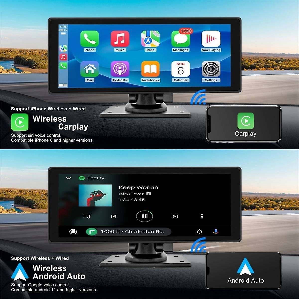 Portable Wireless Carplay Car Stereo with Dash Cam - 10.26In HD IPS Screen, Android Auto, 1080P Back