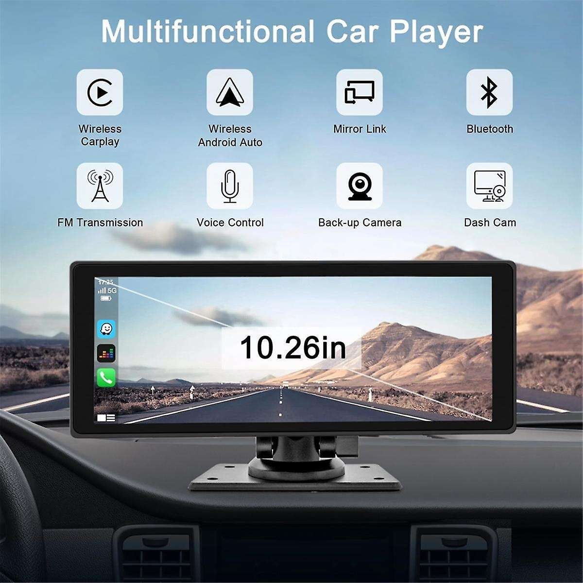 Portable Wireless Carplay Car Stereo with Dash Cam - 10.26In HD IPS Screen, Android Auto, 1080P Back