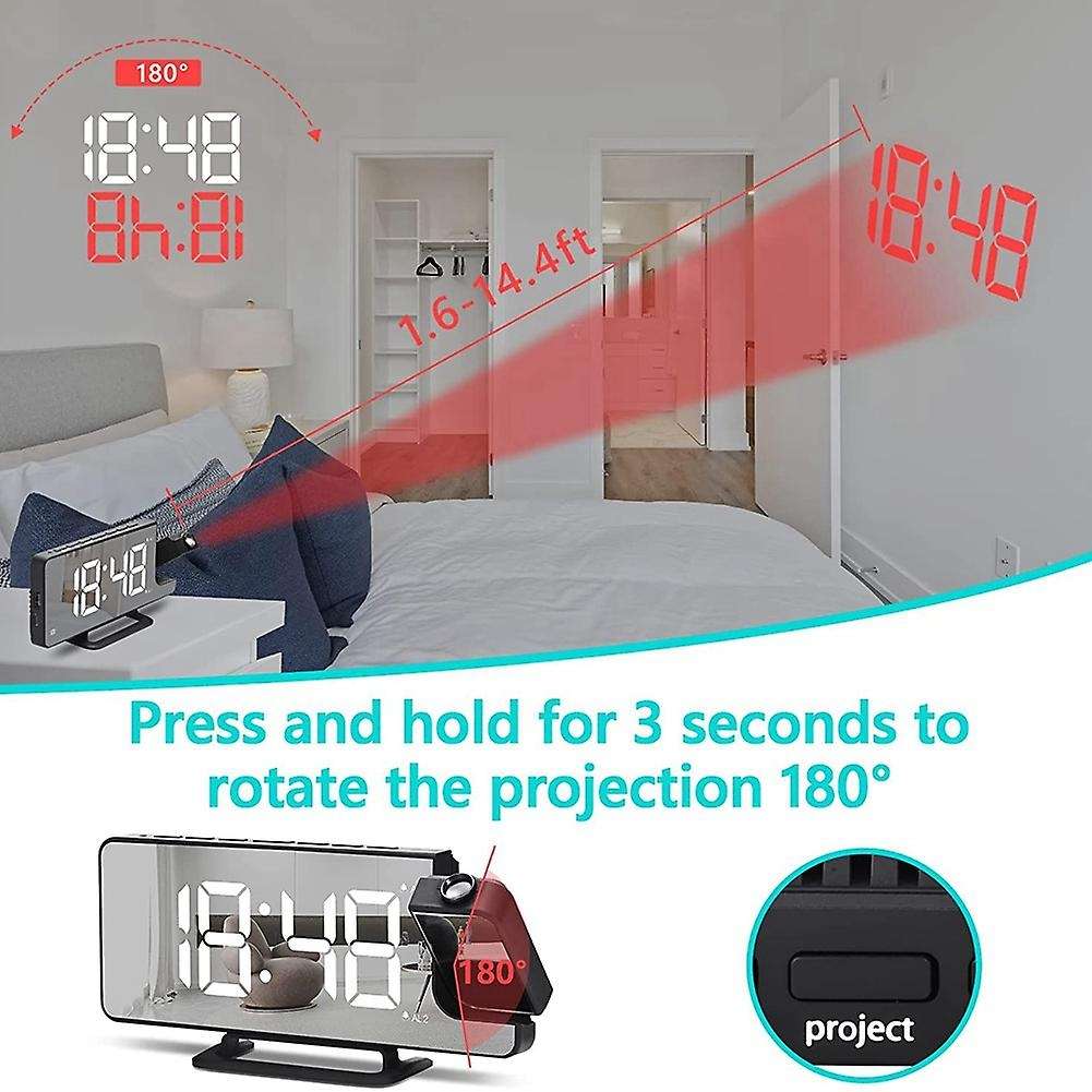 Projection Alarm Clock with 7.1inch LED Mirror Display, Digital Clock USB Cable Portable Alarm Clock