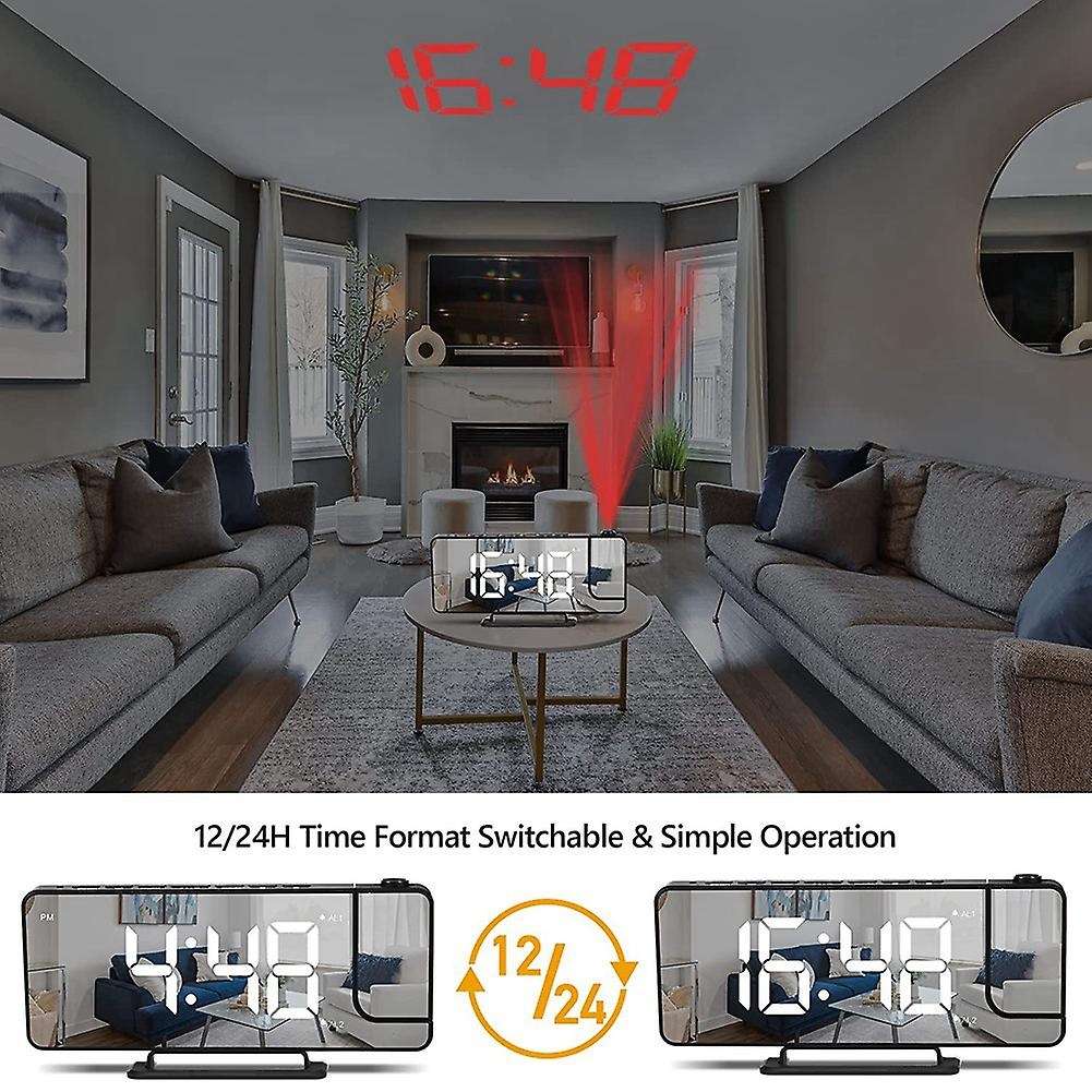 Projection Alarm Clock with 7.1inch LED Mirror Display, Digital Clock USB Cable Portable Alarm Clock