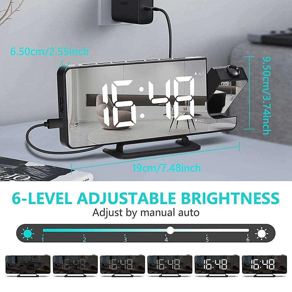 Projection Alarm Clock with 7.1inch LED Mirror Display, Digital Clock USB Cable Portable Alarm Clock