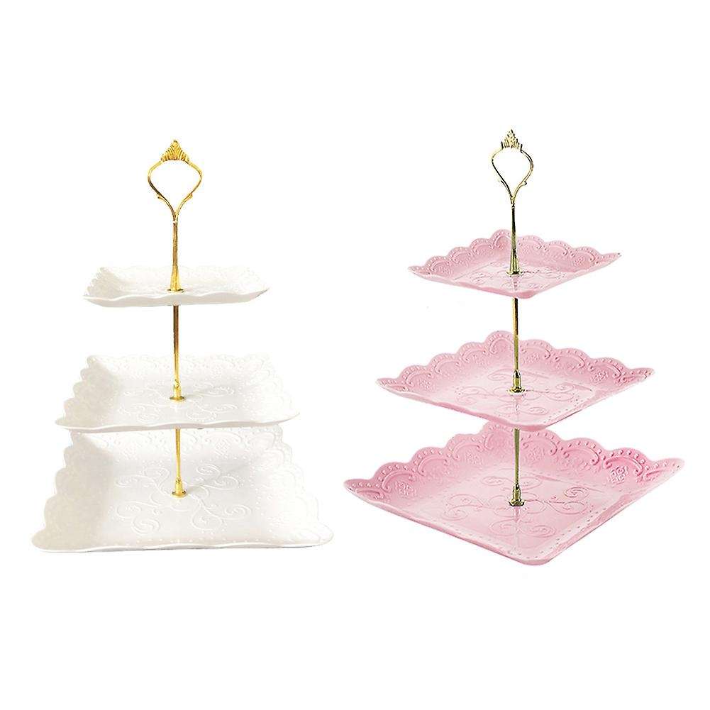 2 Pcs Square 3-tier White Cupcake Stand Dessert Plates Stand