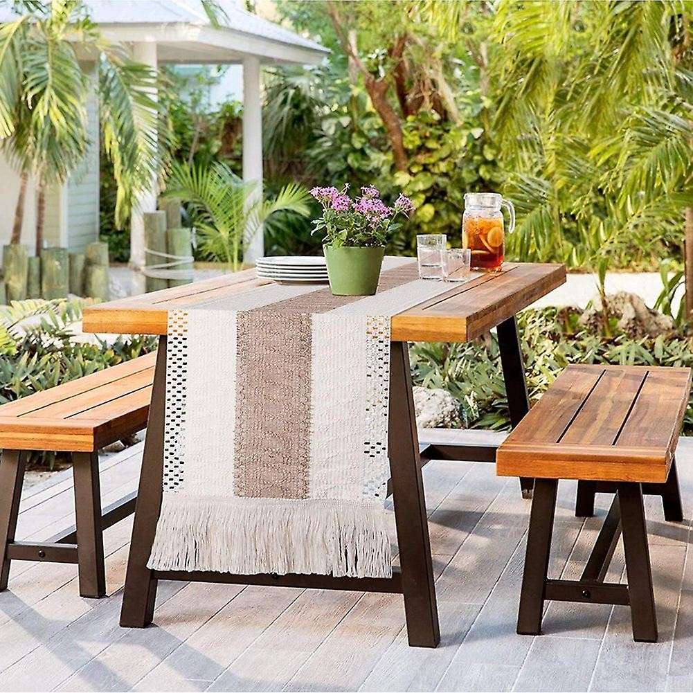 Cream Beige Bohemian Style Table Towel with Tassel Cotton Linen,a