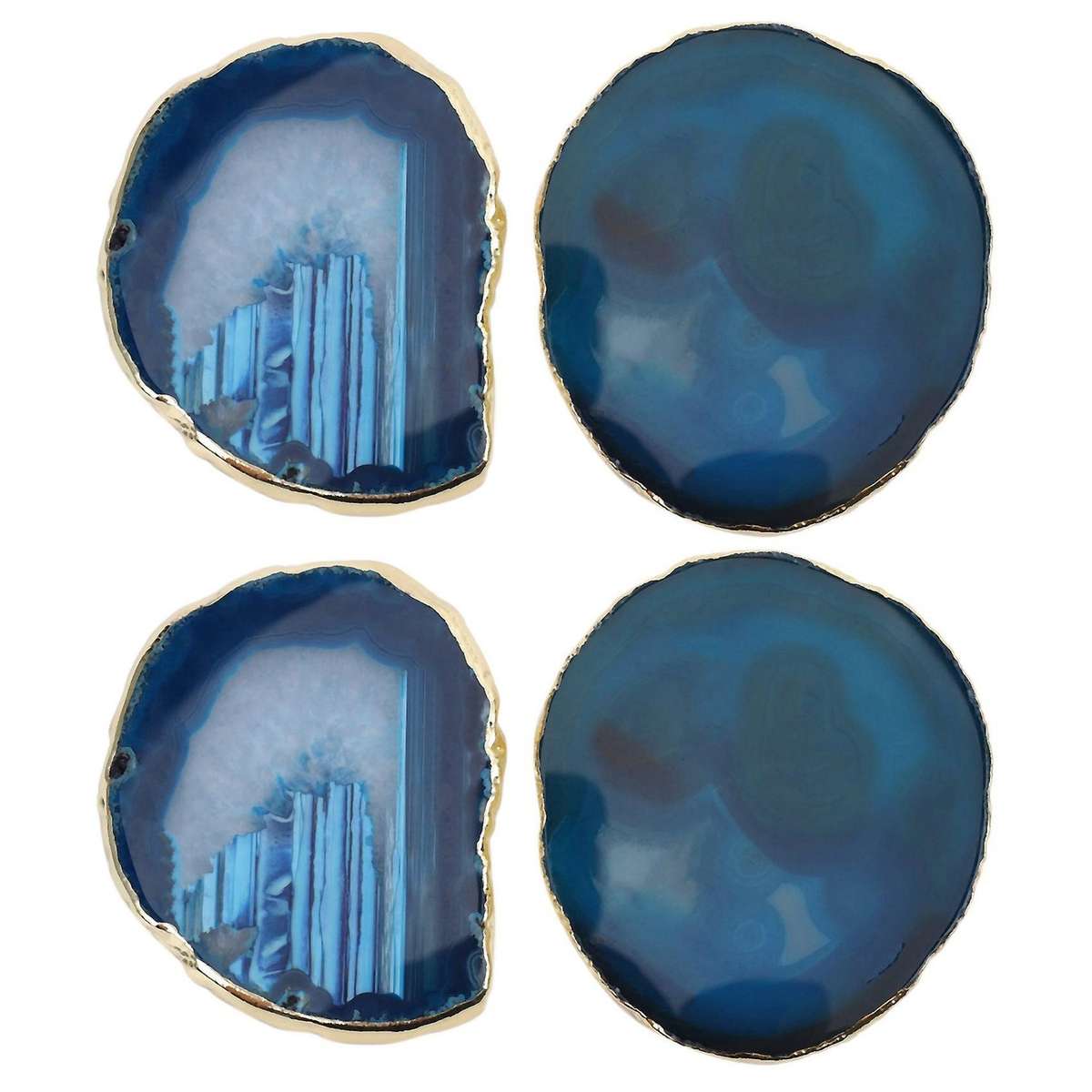 4pcs Agate Slice Blue Coaster Tray Decorative Design Gold Edges