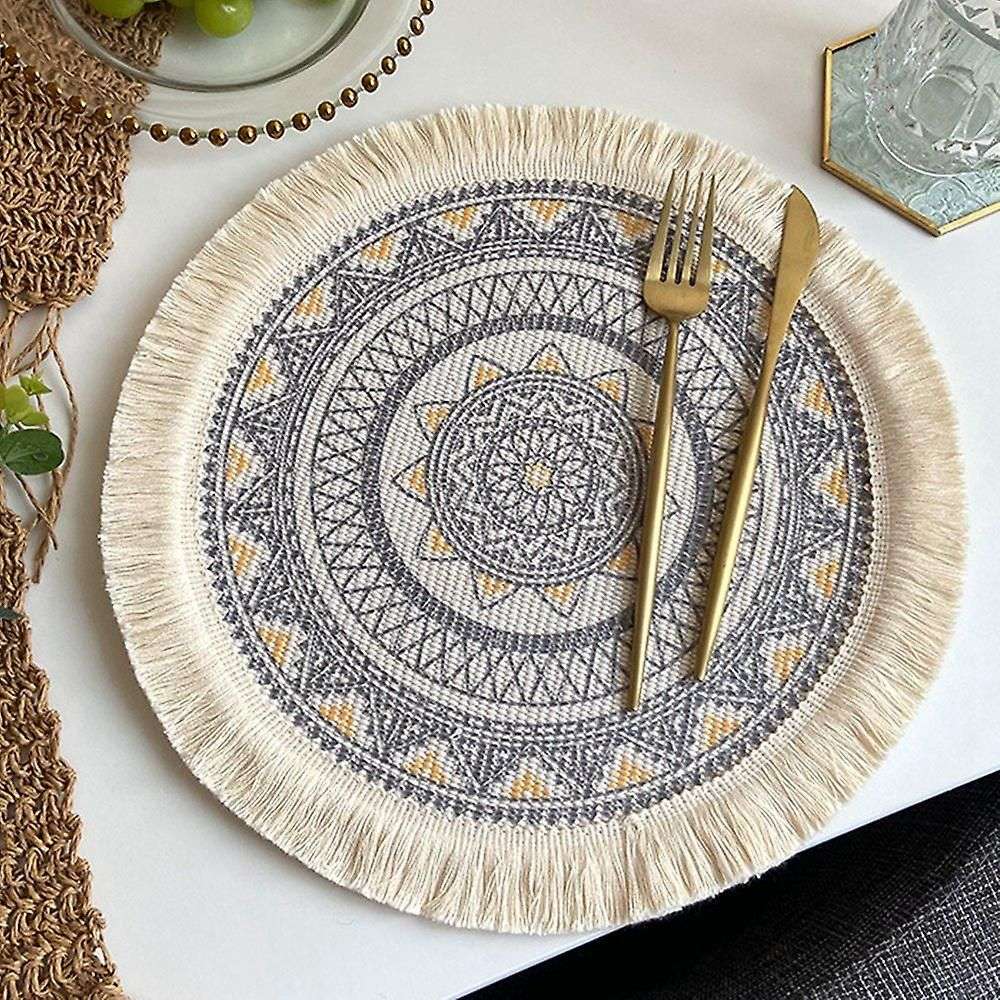 4pcs Bohemian Woven Cotton Placemat Household Decorative Mat(gray)