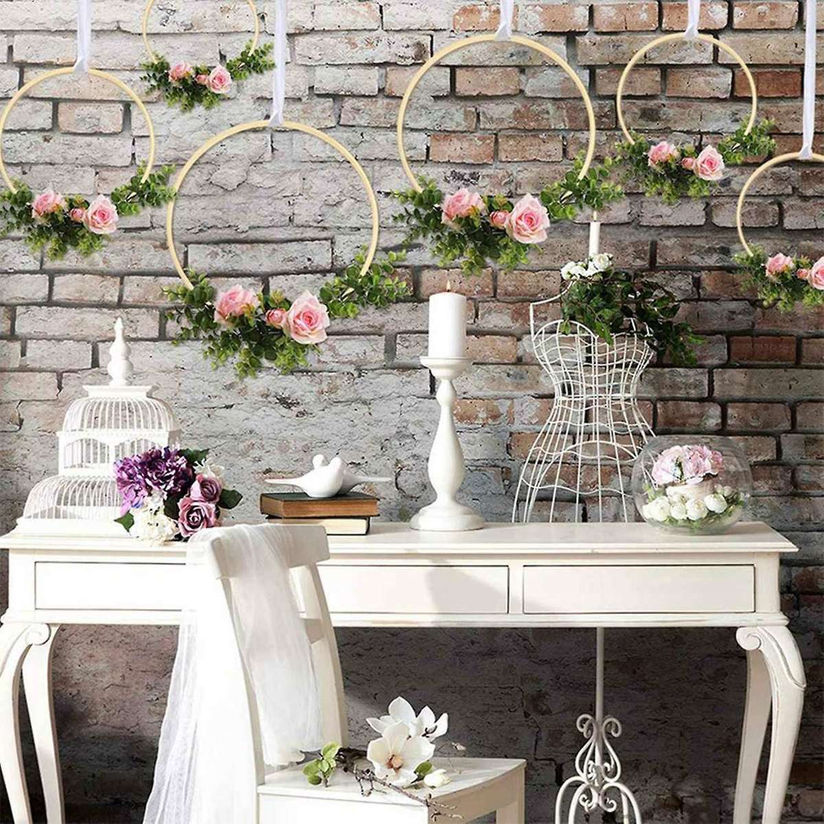 12 Pieces Wooden Bamboo Floral Hoop Set Macrame for Diy Wreath Decor