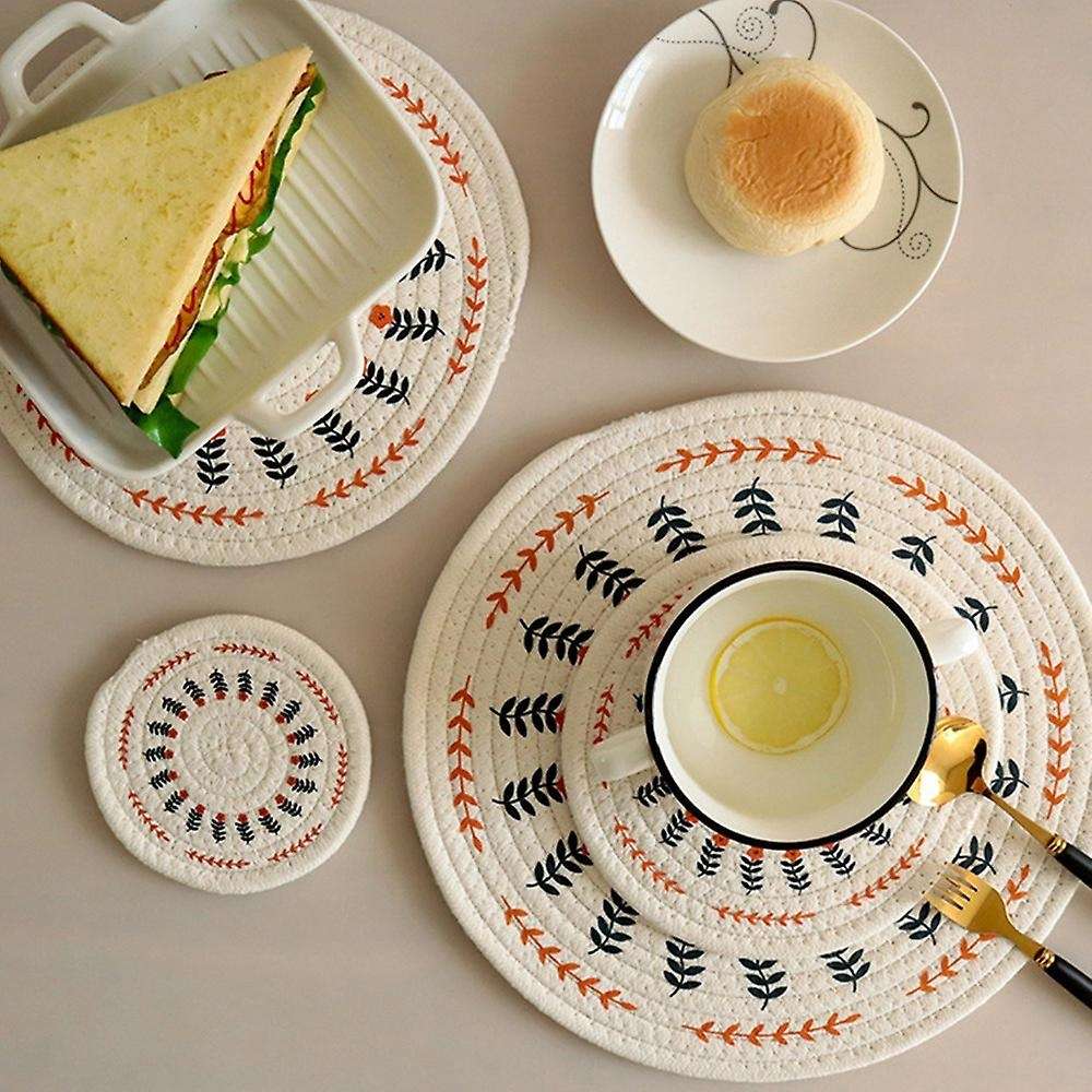 4pcs Round Printed Cotton Rope Placemats Woven Dining Mats Coasters