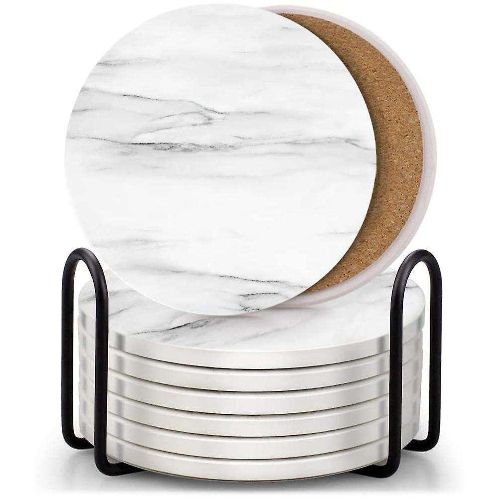 8 Absorbent Marble Style Ceramic Drink Coaster with Holder White