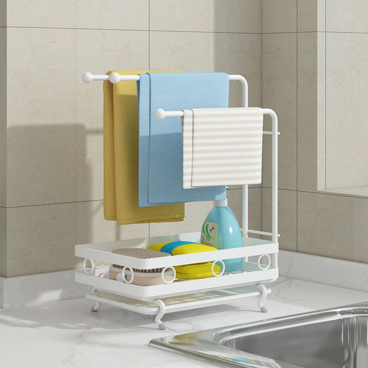 Kitchen Storage Stand Sink Rag Sponge Drainer Rack Organizer, White