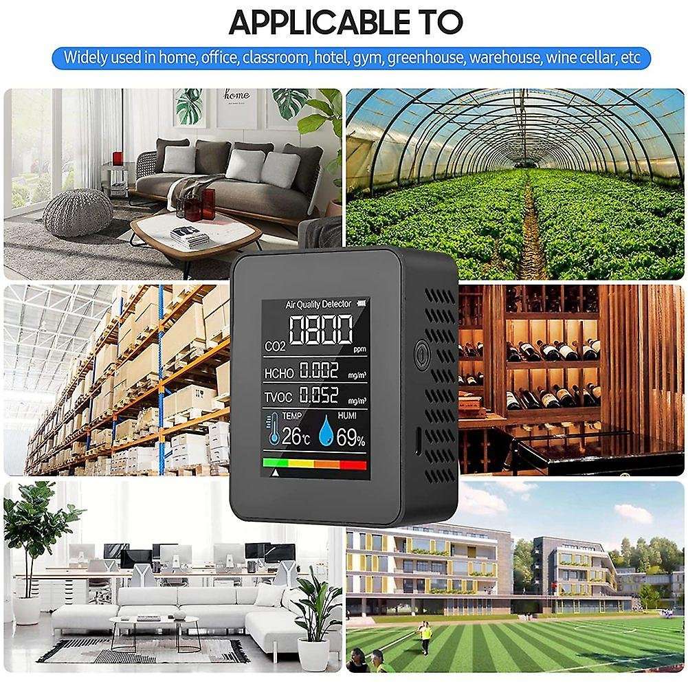 5 In 1 Air Quality Monitor, Usb Rechargeable Co2 Detector Black
