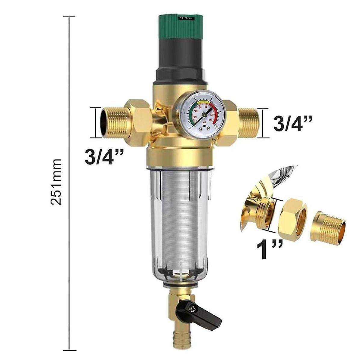 Backwash Filter with Pressure Regulator and Pressure Gauge, 3/4 Inch House Connection, Reusable Pres