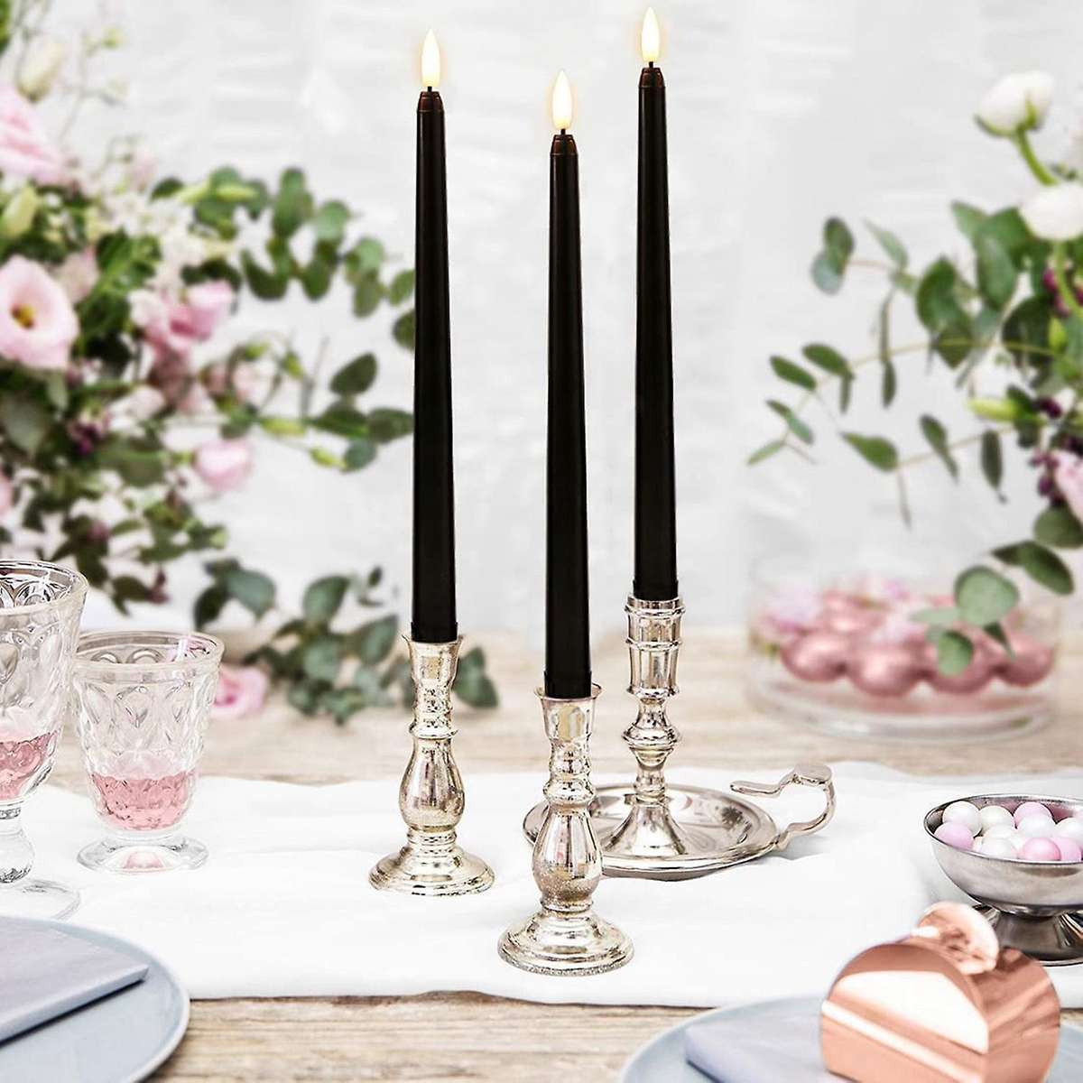 Black Cone Flameless Candles - 11 Inches (about 27.9 Cm), 6, Battery Powered, Led Flash with Wick, T