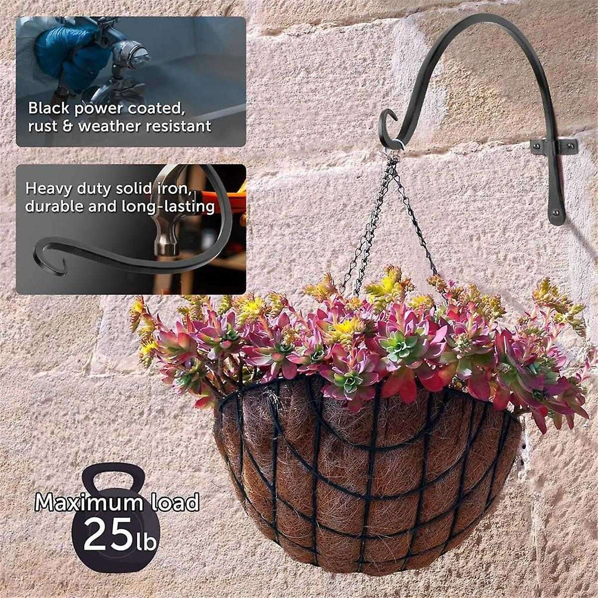 Black Curved Plant Hanging Hooks for Bird Feeders, Flower Baskets, Indoor & Outdoor Use